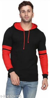Men's cotton blend hoodie with long sleeves, solid color, sizes M, L, XL. Hoodie on display stand, India origin