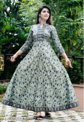 Peach rayon anarkali gown, printed combo, three-quarter sleeves, mandarin neck with wooden show buttons. India-made elegant fashion for casual or festive events