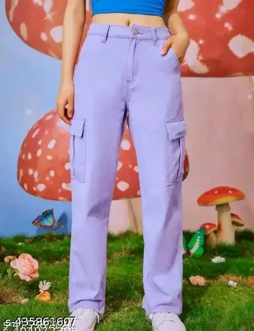 High rise lavender cotton blend cargo pants, self-design net pattern, women's style by CP Fashion