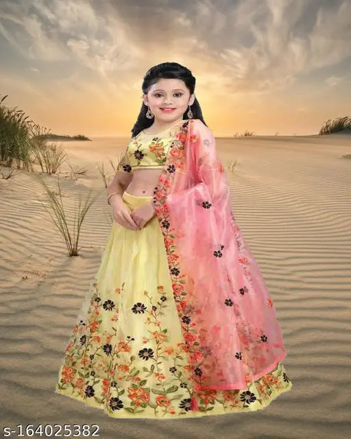 Embroidered girls wedding wear semi-stitched lehenga choli by Femisha Creation (Net fabric, short sleeves, multiple sizes from 3-15 years)