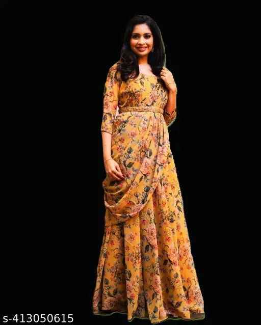 Trendy Georgette printed net long-sleeve gown for women, ideal for Haldi, Pithi, Mandha, Ubtan, Holud, Kutai, Tel Baan functions in marriage ceremonies. Available in sizes S to XXXL. Indian origin