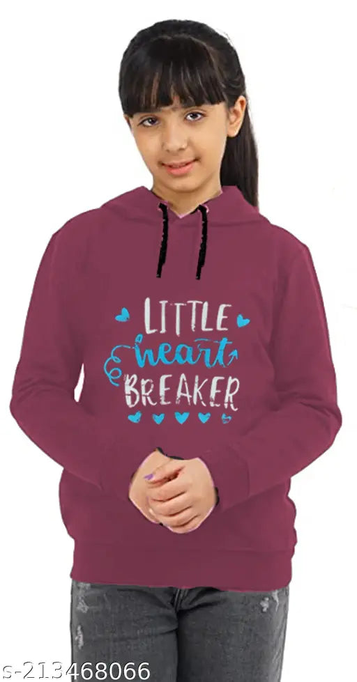 Cotton blend girls sweatshirt or hoodie, printed design for casual and winter wear. Single pack with long sleeves, two side pockets, and cap pocket. Available in various colors and sizes from 2-3 to 13-14 years. Made in India