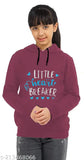 Cotton blend girls sweatshirt or hoodie, printed design for casual and winter wear. Single pack with long sleeves, two side pockets, and cap pocket. Available in various colors and sizes from 2-3 to 13-14 years. Made in India