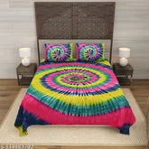 Multi-colored tie dye king size cotton bedsheet, 2 stitched pillow covers, premium quality ethnic motifs, perfect for summer seasons