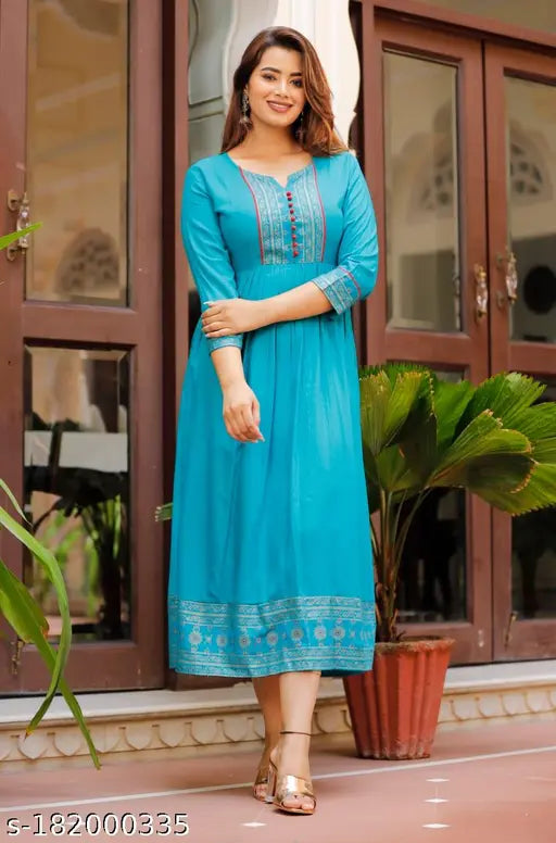 Rayon Krishna Border Printed Anarkali Kurta, single color, three-quarter sleeves, perfect for women's occasions wear
