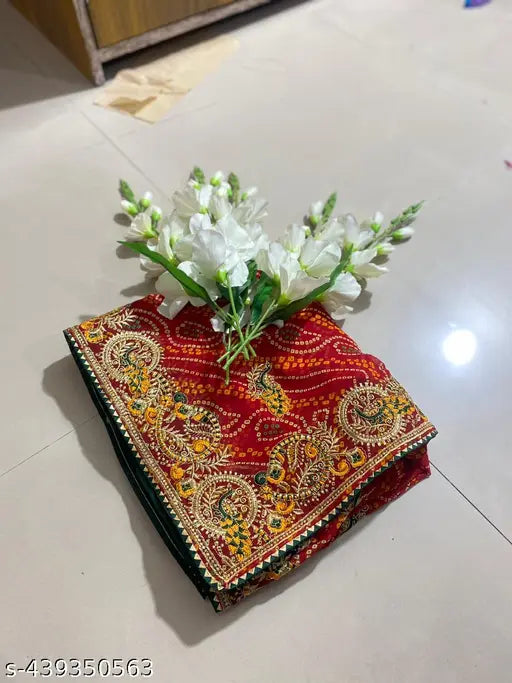 Red Bhandhni Embroidery Georgette saree with matching jacquard running blouse, vibrant red and green design, Indian origin