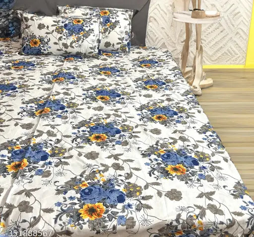 Blue and White Floral Polycotton Flat Sheet (90 x 100 inch), Double Queen size with 2 pillow covers (20x12 inch each). Vintage floral bed linen set by Finesse Decor