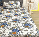 Blue and White Floral Polycotton Flat Sheet (90 x 100 inch) with 2 Pillow Covers (20x12 inch each), Finesse Decor's Garden-inspired Bedding for Double Size Bed, India origin