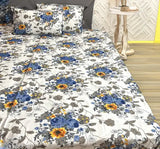 Blue and White Floral Polycotton Flat Sheet (90 x 100 inch), Double Queen size with 2 pillow covers (20x12 inch each). Vintage floral bed linen set by Finesse Decor
