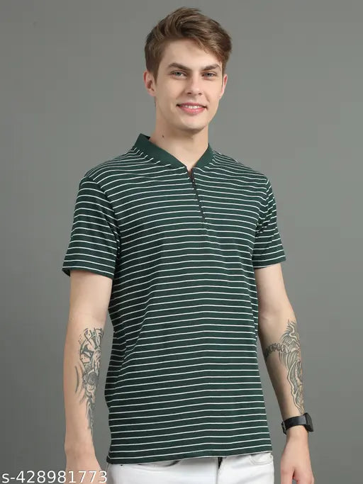 Black cotton polo t-shirt, horizontal stripes, UrGear men's regular fit, Henley neck design, S-XXXL sizes