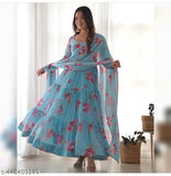 Georgette floral print party gown with matching dupatta and long sleeves, size S-XXL, fully flared design, India origin