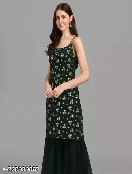 Printed Georgette sleeveless Kurta with foil work and Sharara, single piece in size M, L, XL, XXL. Indian traditional women's wear on mannequin