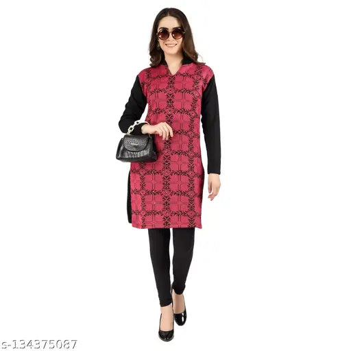Three-quarter sleeve printed woolen kurta, vibrant floral patterns, Christy's Collection women's fashion, made in India