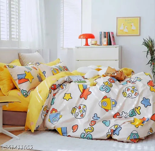 Kidzee Glace Cotton Flat Sheets, super-fine cartoon print summer double bedsize with 2 pillow covers (90 x 100 inches), from India