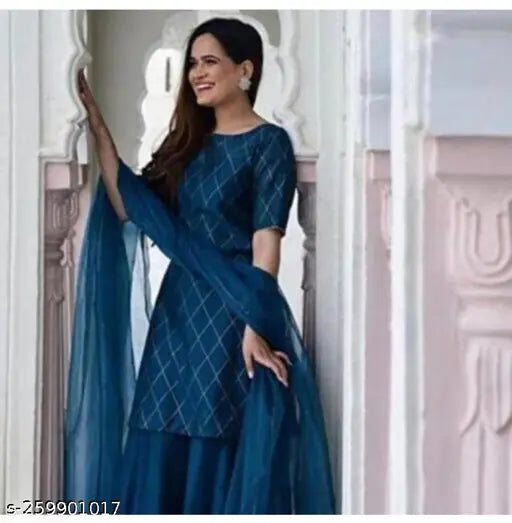 Rayon Mayura Kurta Set with Checked Net Sharara and Dupatta, Rama color for festivals, marriages, and daily wear. Handcrafted premium Indian collection