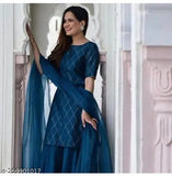 Rayon Mayura Kurta Set with Checked Net Sharara and Dupatta, Rama color for festivals, marriages, and daily wear. Handcrafted premium Indian collection