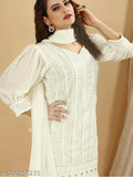 Georgette women's side tie-up kurta sharara set with puffed sleeves and sequin embellishments, paired with flared pants and dupatta. Available in S, M, L, XL sizes