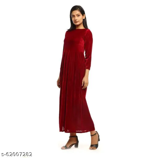 Solid red velvet fit and flare winter kurti for women, three-quarter sleeves, India-made