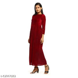 Solid red velvet fit and flare winter kurti for women, three-quarter sleeves, India-made