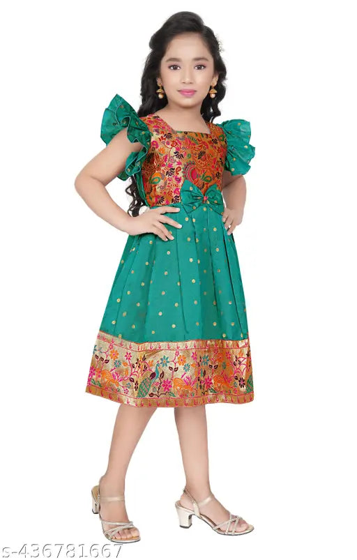 Black silk blend printed Paithani frock for kids ages 1-6 years, intricate net pattern detail on short sleeves