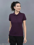 Purple cotton blend polo neck t-shirt for women, solid design, enhances wardrobe, India origin