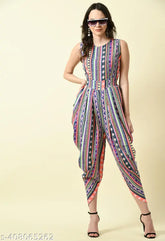 Sleeveless crepe dhoti jumpsuit dress with digital print, Indian-origin