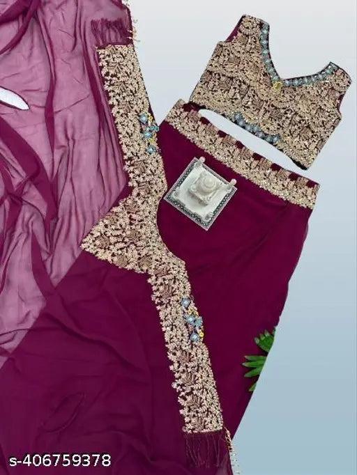 Purple Georgette gown3, embroidered top and dupatta set from India, free size (waist 46in, length 55in)