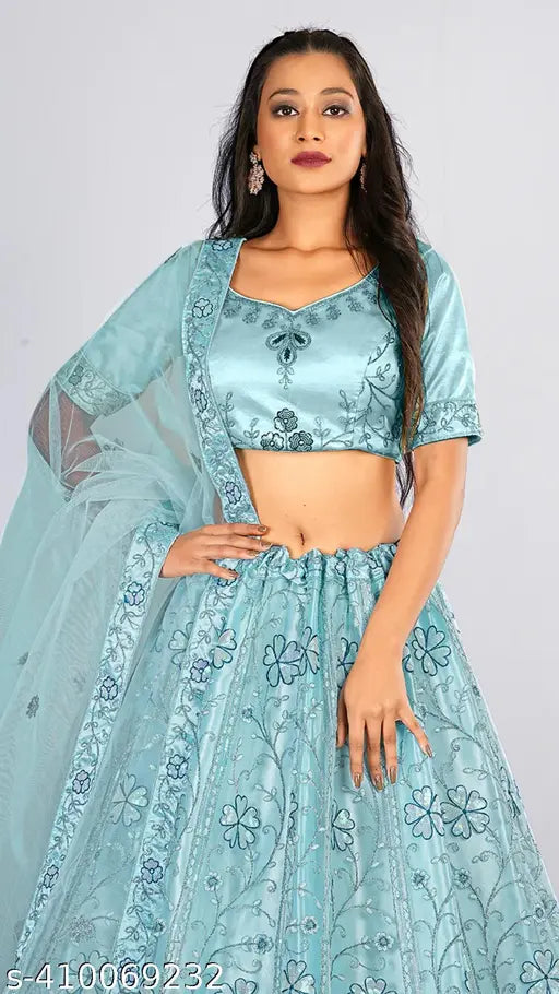 Sky Blue Embroidered Lehenga Set: Net fabric, choli and dupatta, free size (42m/43m/2.5m), Indian hand embroidery