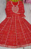 Indian rayon Anarkali with bandhani print, three-quarter sleeves and keyhole neck, S-XXXL sizes