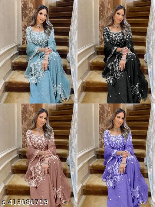 New Designer Georgette Suit: Embroidered net sharara set with three-quarter sleeves, single size, free fit (Bust 42in, Shoulder 15in, Kurta Waist 40in, Kurty Length 43in, Bottom Waist 43in, Bottom Hip 26in, Bottom Length 40in), India-made party wear
