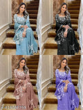New Designer Georgette Suit: Embroidered net sharara set with three-quarter sleeves, single size, free fit (Bust 42in, Shoulder 15in, Kurta Waist 40in, Kurty Length 43in, Bottom Waist 43in, Bottom Hip 26in, Bottom Length 40in), India-made party wear