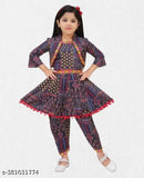 Traditional cotton blend kurta set (kurta, dhoti pant, shrug) for baby girls, printed A-line with three-quarter sleeves. Indian festival wear for summer parties and weddings