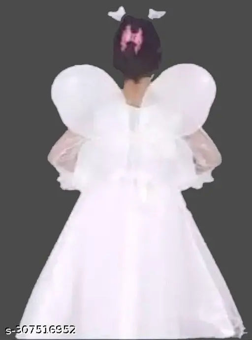 White embellished net fairy princess dress with butterfly wings and hair band, for girls aged 2-9 years, made in India