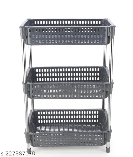 Grey 3-layer plastic-stainless steel kitchen trolley with fruit & veggie baskets & onion potato rack