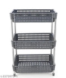 Grey 3-layer plastic-stainless steel kitchen trolley with fruit & veggie baskets & onion potato rack