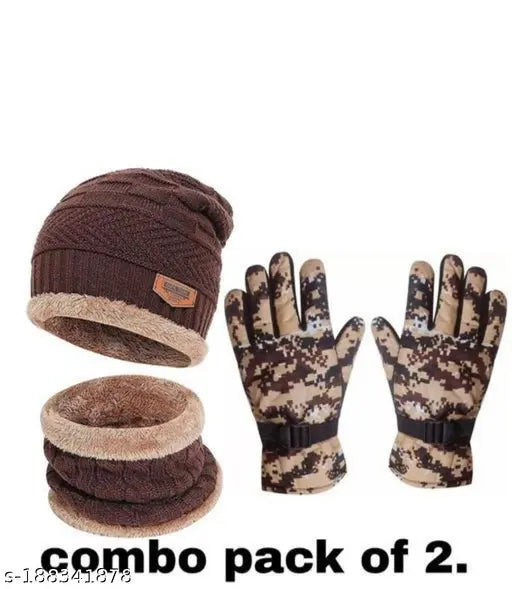 Black Arcylic 3-IN-1 Winter Beanie Cap, Balaclava, & Touchscreen Gloves Set - Ultra Warm & One Size Fits Most for Cold Weather Protection