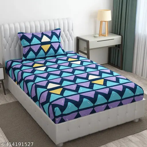 White and blue geometric cotton blend single bedsheet set with matching pillow cover, ideal for summer, made by Shiventerprises