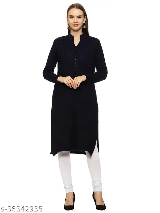 Navy blue embroidered wool kurti, long sleeves, hand-embroidered women's straight design. XL size, Indian origin