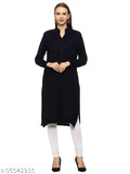Navy blue embroidered wool kurti, long sleeves, hand-embroidered women's straight design. XL size, Indian origin