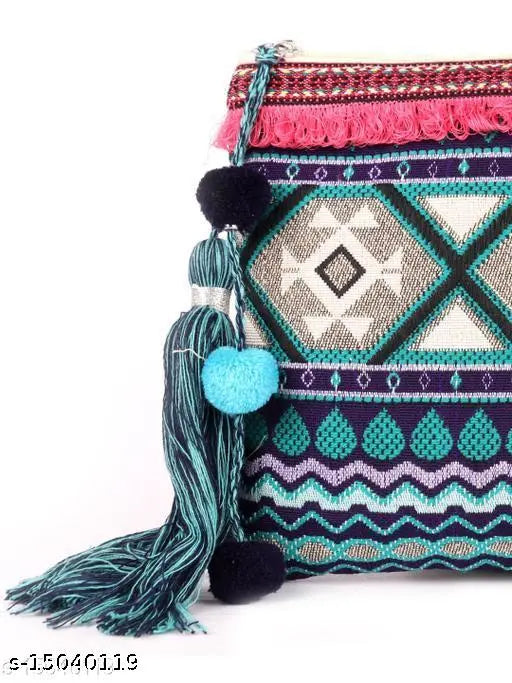 Blue fabric net pouch for women, handmade Indian product, durable and versatile storage solution