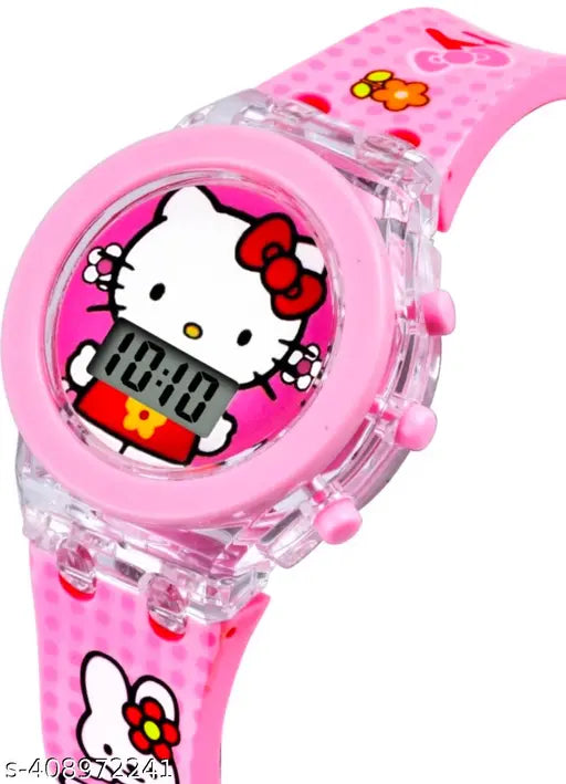 Pink silicon multicolor digital watch with kitty cartoon design, ideal for kids' casual wear, made in India