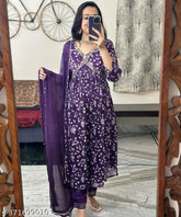 Purple Alia Cut cotton sleeveless top with printed combo, three-quarter sleeves. Colors and sizes vary. Made in India