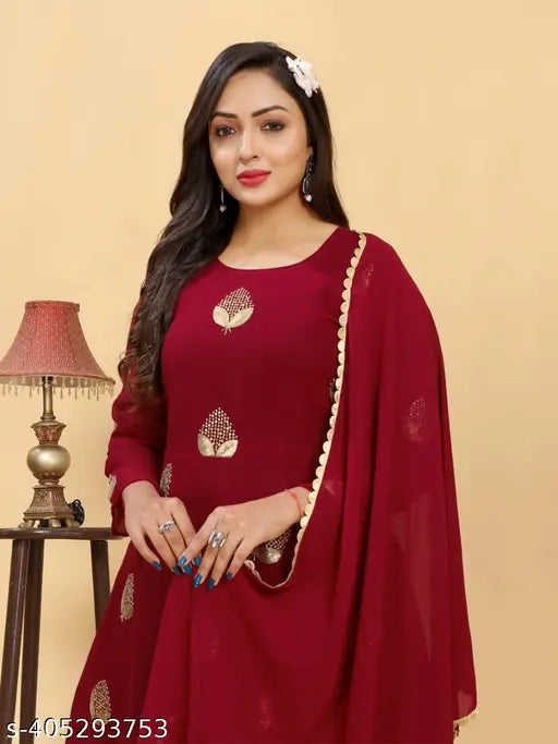 Marron pan3, Georgette, three-quarter sleeves, Zari embroidered combo, S (36in), vibrant party wear anarkali kurti with side lace