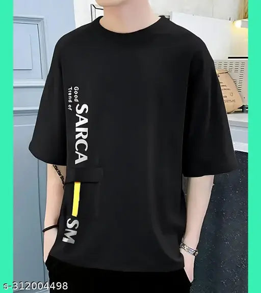 Autna Men's cotton blend streetwear t-shirt, three-quarter sleeves, flap pocket - black & white print, loose fit for stylish gymwear