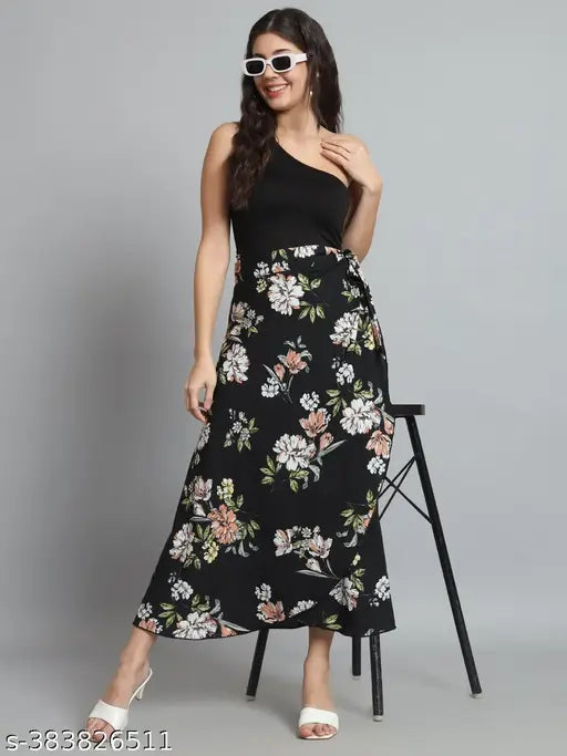 Floral black crepe maxi skirt for women, perfect for casual and formal occasions, suitable for spring, summer, and autumn