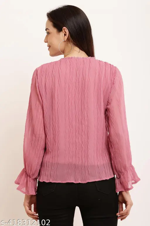 Denim three-quarter sleeve women's top by Juglygirls, solid net pattern, M (38in bust, 18in length), L (40in bust, 19in length)