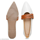 White synthetic belly flats with brown buckle strap - comfortable, trendy party footwear for women, ideal for Diwali and Durga Puja
