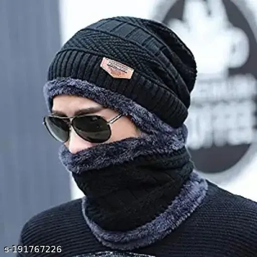 Black woolen beanie cap with faux fur inner side and neck muffler, free size - BHAVNISH winter combo set