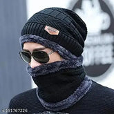 Black woolen beanie cap with faux fur inner side and neck muffler, free size - BHAVNISH winter combo set