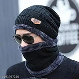 Black woolen beanie cap with faux fur inner side and neck muffler, free size - BHAVNISH winter combo set